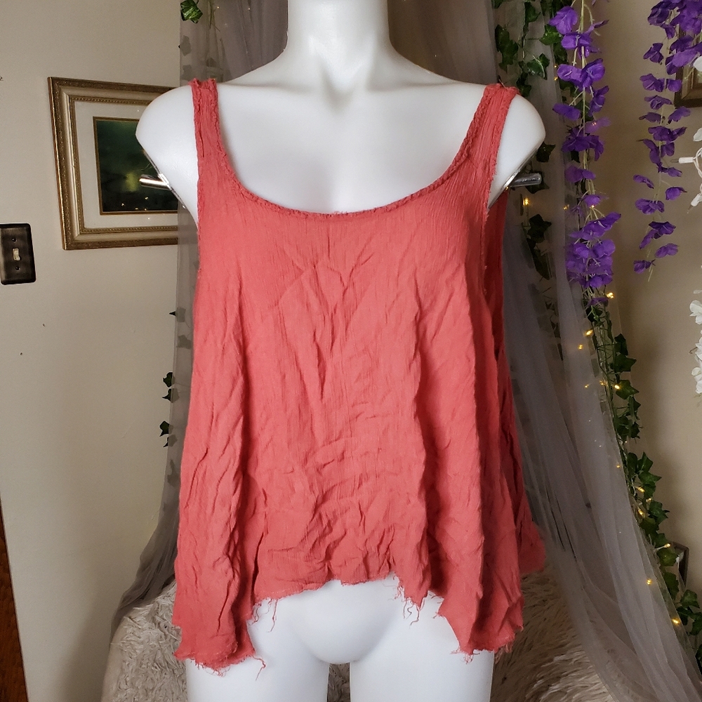 Free People Rose Pink Boho Whimsical Dream Weaver Tank Top Size M Ragged Hem